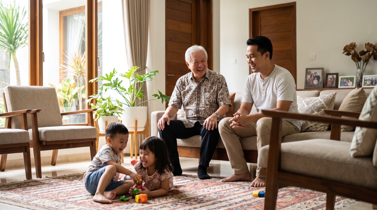 Ayah lansia tertawa bersama anaknya di rumah, cucu bermain di dekatnya